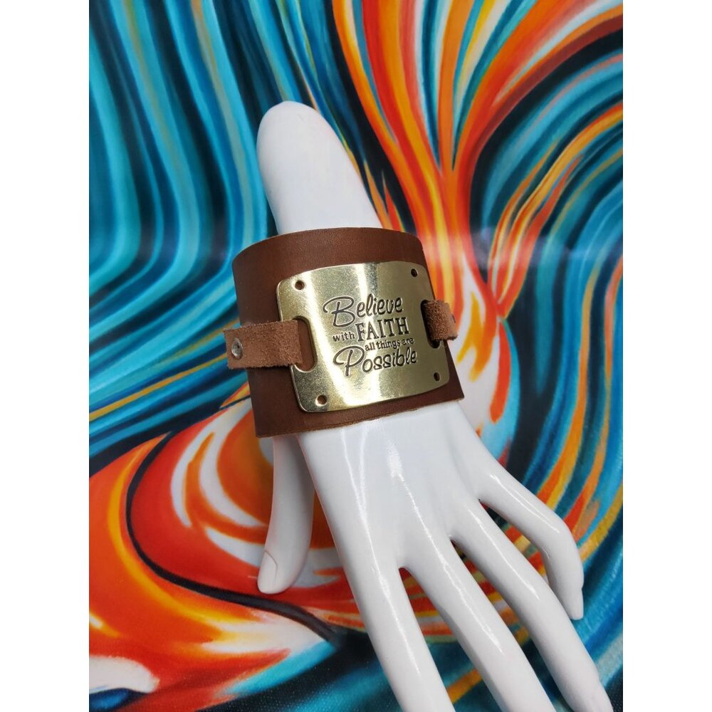 Vintage tooled leather "believe with faith all things" possible armband bracelet